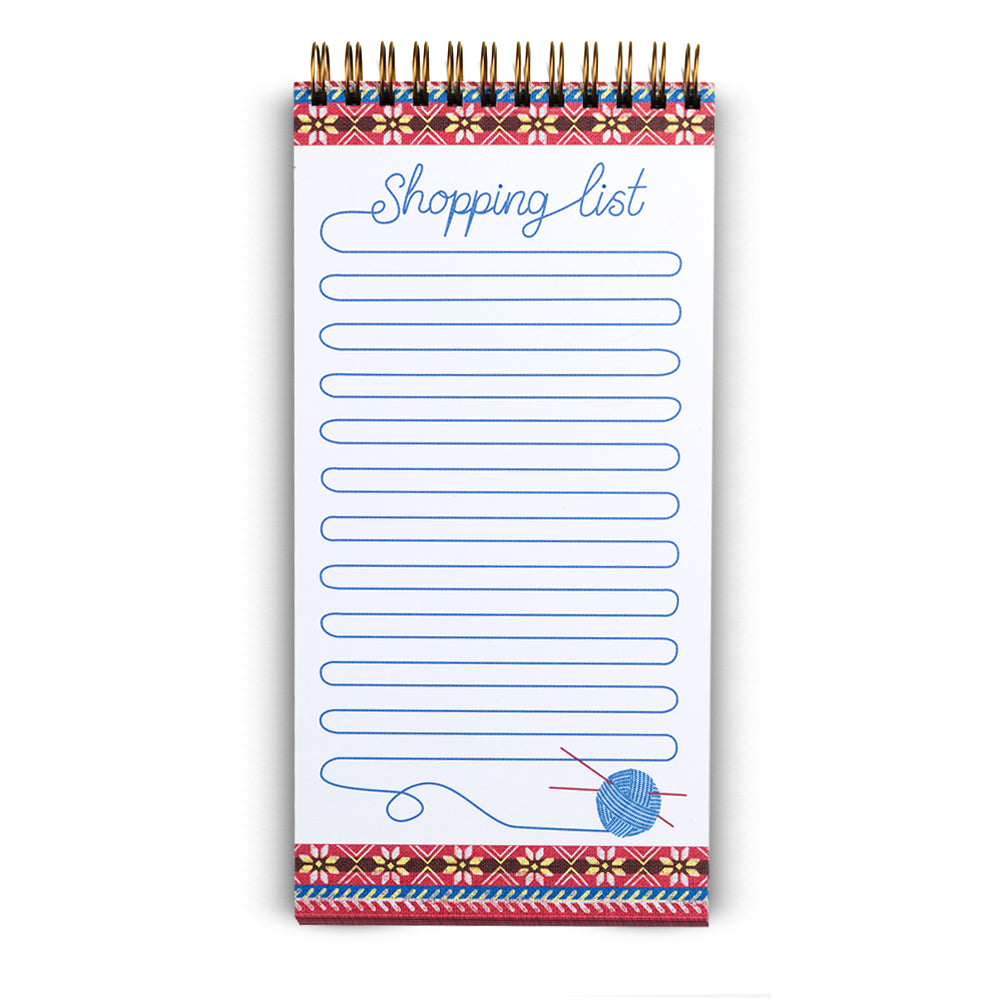 A ring bound shopping list notepad with a knitted fair isle inspired illustrated design.