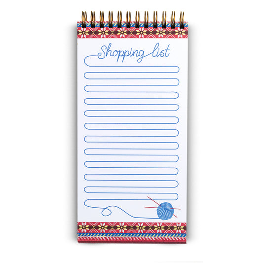 A ring bound shopping list notepad with a knitted fair isle inspired illustrated design.