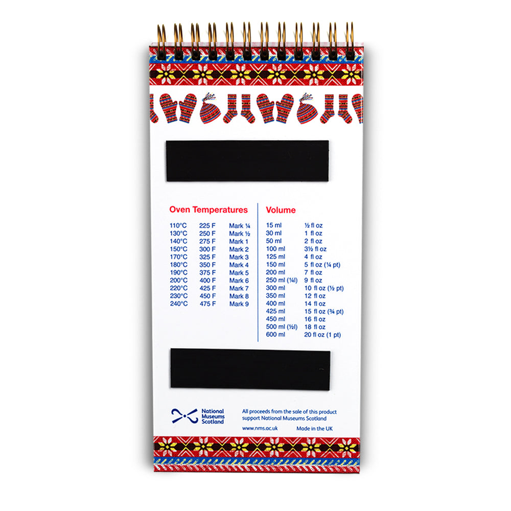 A back of a ring bound shopping list notepad with a knitted fair isle inspired illustrated design. The back has two magnets and conversion charts for multiple measurements.