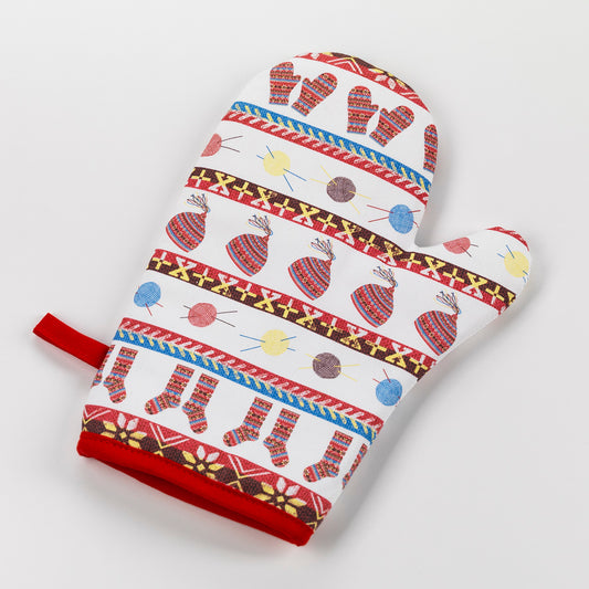 An mitten style oven glove with a knitted fair isle inspired llustrated pattern.
