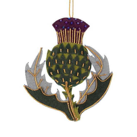 An embroidered hanging decoration of a thistle. The decoration is made from green and purple felt and is embroidered with gold thread.