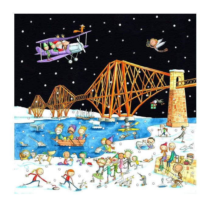 Christmas card with a watercolour illustration of the forth bridge with a crowd of people playing in the snow at it's base.