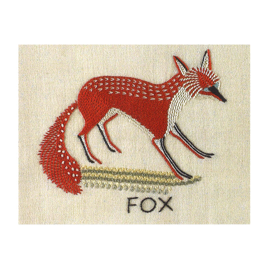 Greetings card with a photograph of an embroidered fox. The fox is embroidered in red thread with the word "fox" embroidered beneath in black.