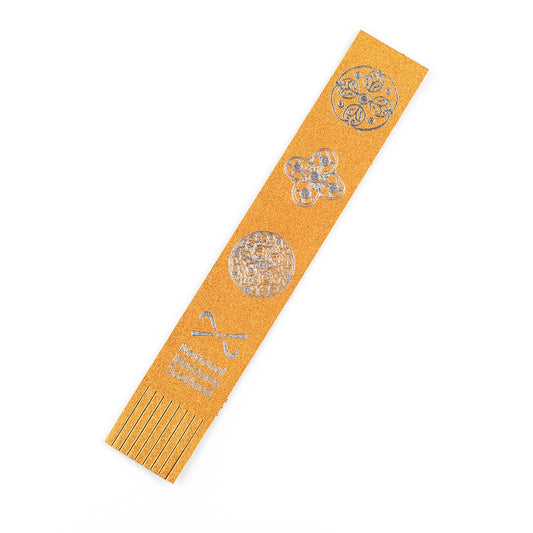 Gold leather bookmark with three silver embossed designs of brooches found with the Galloway hoard.