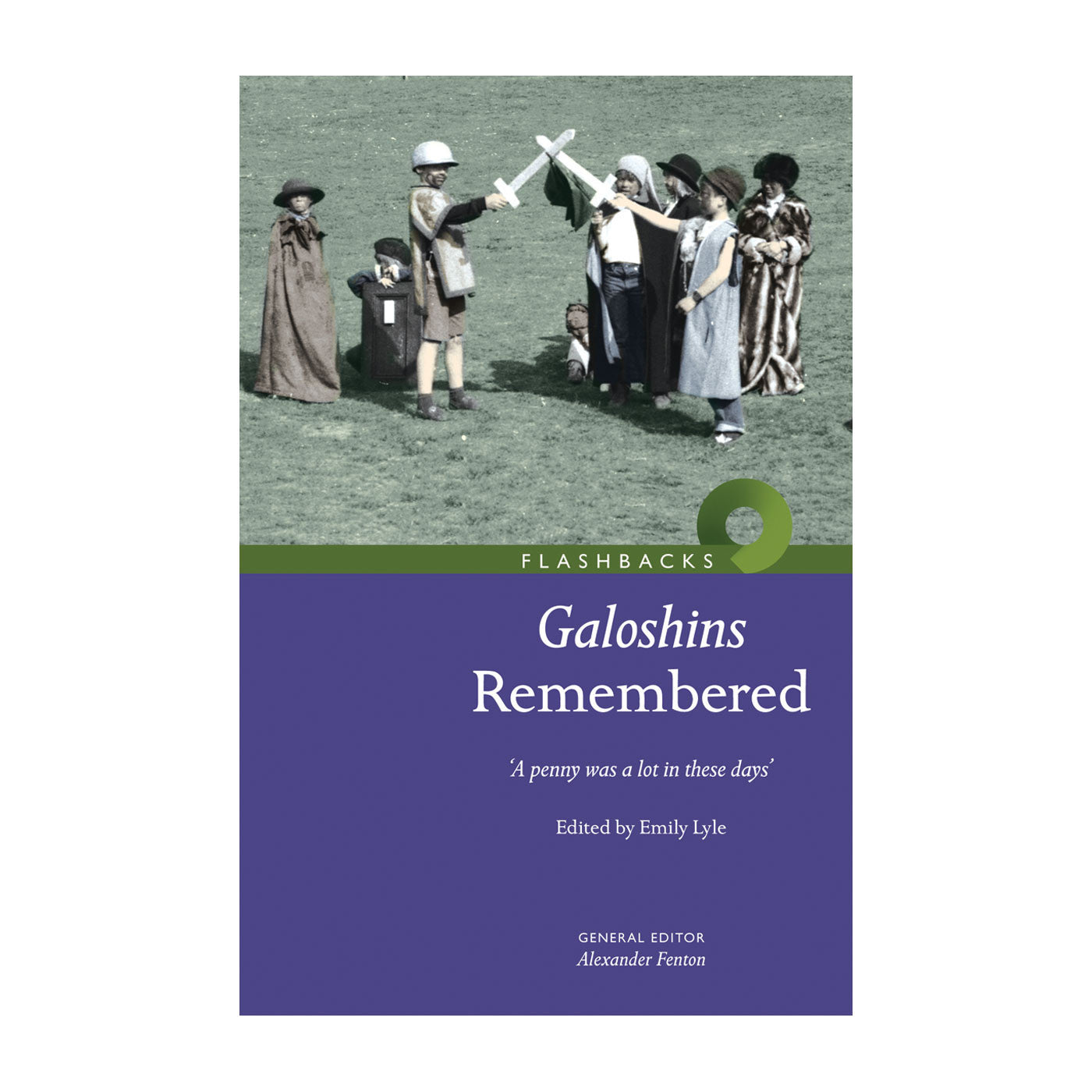 Book cover with a tinted photograph of children playing in a field on the top half, the lower half has the books title and author in white text over a plain purple background.