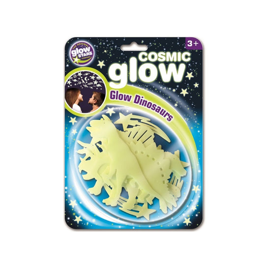 Packaging with a selection of glow in the dark dinosaurs and stars against a starry backing card.