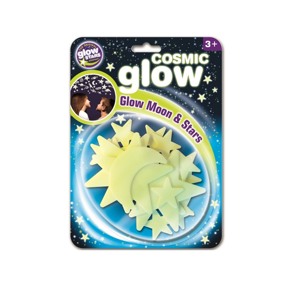 Packaging with a selection of glow in the dark moon and stars against a starry backing card.