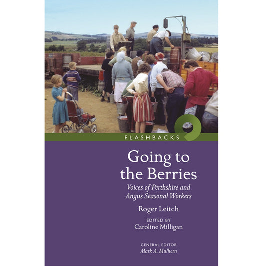 Book cover with a colour photograph of a group of farm workers on the top half and the book's text and author in a white font against a plain purple background.
