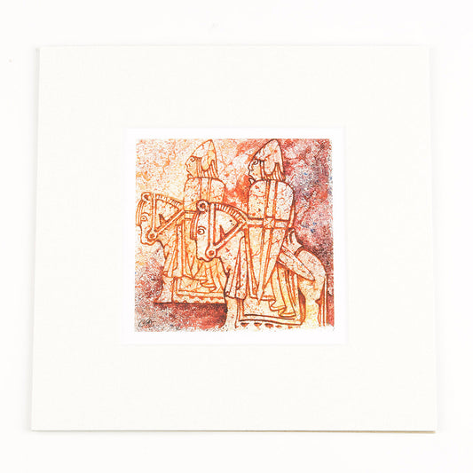 A square mounted print of a stylised painting of a knight Lewis chess piece. It is painted in reds and oranges.