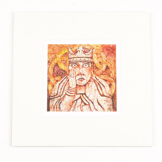 A square mounted print of a stylised painting of a queen Lewis chess piece. It is painted in reds and oranges.