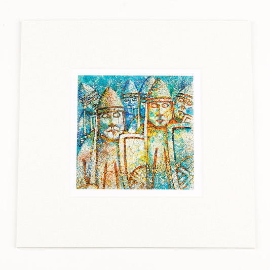 A square mounted print of a stylised painting of warder Lewis chess pieces. It is painted in blues and yellows.