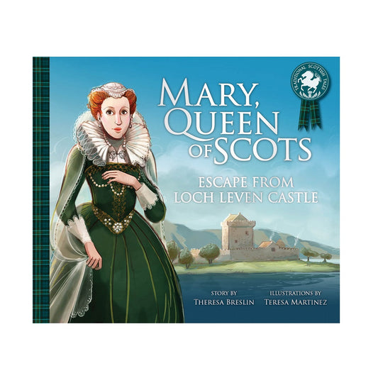 Book cover with an illustration of Mary queen of Scots wearing a green dress decorated with white lace and gold detailing. In the background to the right of the cover is a castle next to a lake's edge, above the castle are the words "Mary Queen of Scots Escape From Loch Leven Castle" in a large white serif font.