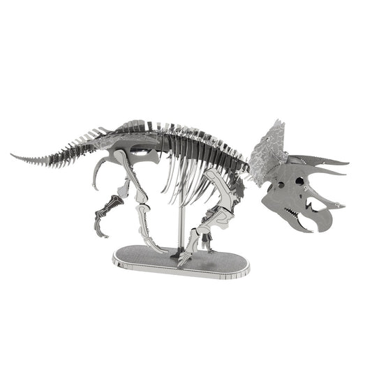 A photograph of a small model triceratops skeleton made from flat pieces of metal that are bent and slotted together. 