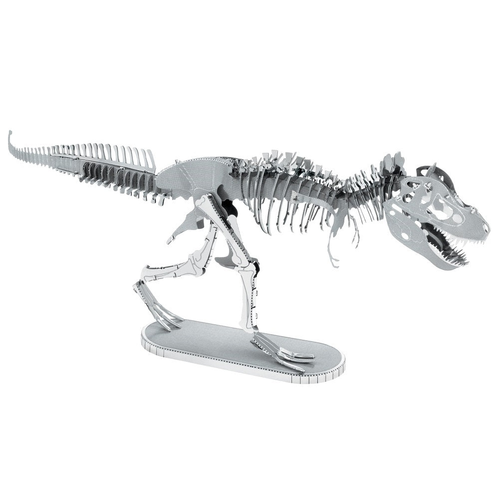 A photograph of a small model t-rex skeleton made from flat pieces of metal that are bent and slotted together. 