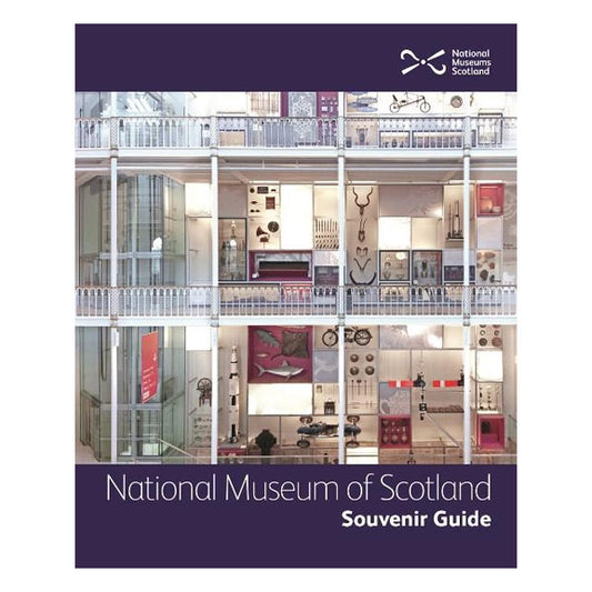 Book cover with navy blue banners across the top and bottom edges. The top right of the cover has the National Museums Scotland logo in white. The lower banner has the words 'National Museum of Scotland Souvenir Guide' in a white sans serif font. In the middle of the cover between the two banners is a photography of the discovery wall in the National Museum of Scotland's Grand Gallery.