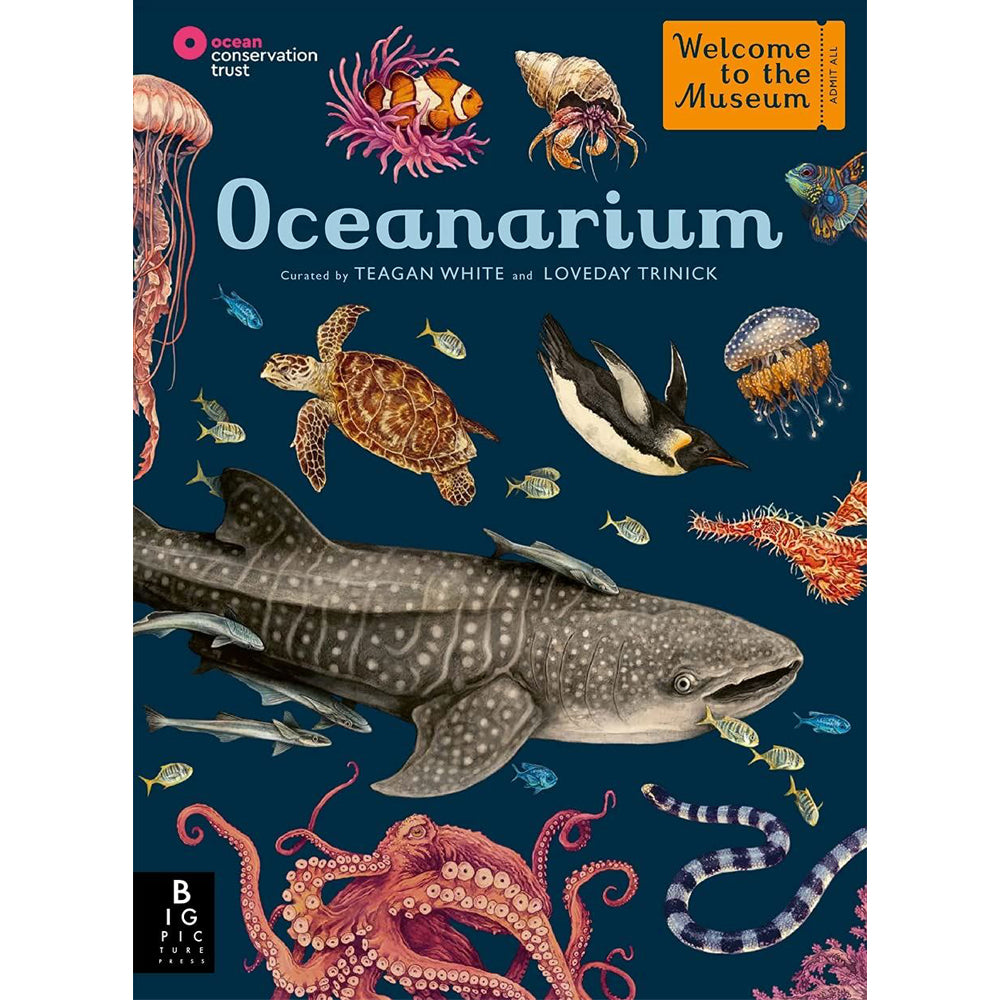 Book cover with a collage of illustrated ocean animals against a plain navy background.