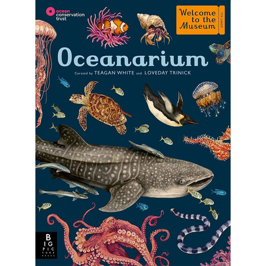 Book cover with a collage of illustrated ocean animals against a plain navy background.
