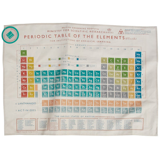A white tea towel with a colourful print of the periodic table. Each section of the table is printed in a different colour and has information on the various states of matter printed along the bottom edge.