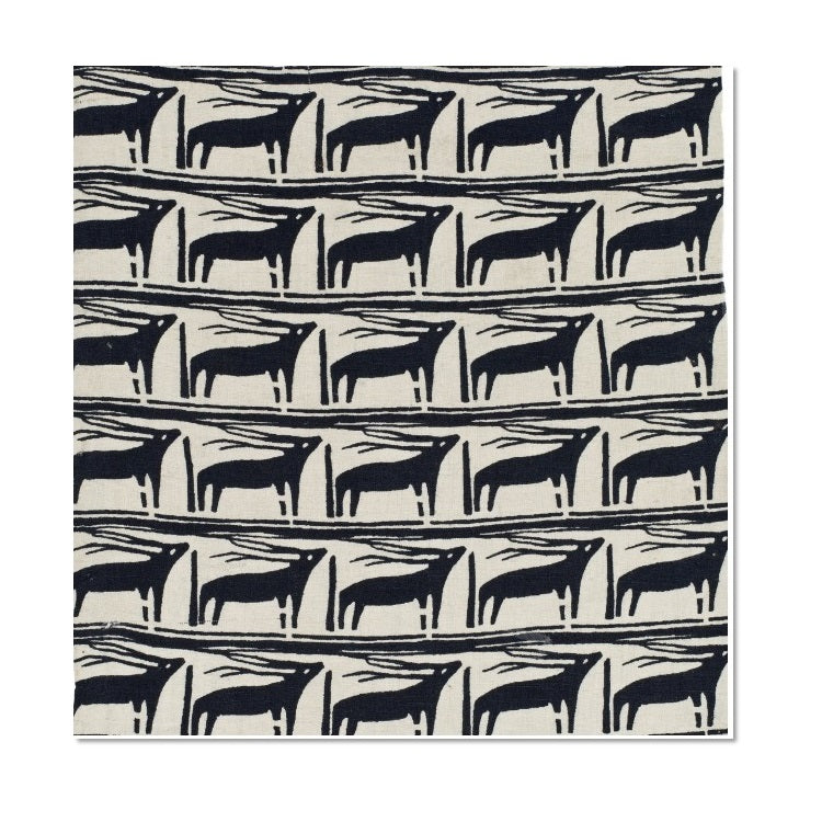 A Christmas card with a photograph of a cotton sample printed in black showing six rows of stylized reindeer.