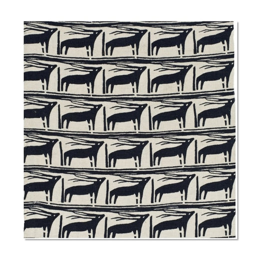 A Christmas card with a photograph of a cotton sample printed in black showing six rows of stylized reindeer.