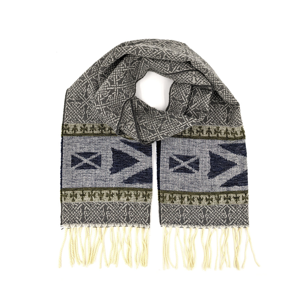 Grey tassled scarf with a celtic roundal and Saltire flag pattern against a plain white background.