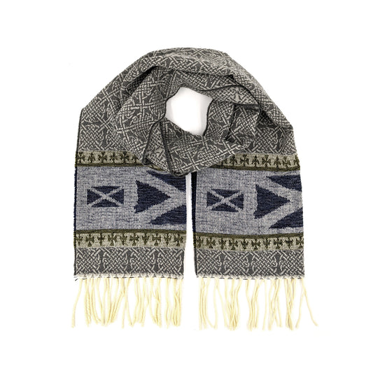 Grey tassled scarf with a celtic roundal and Saltire flag pattern against a plain white background.