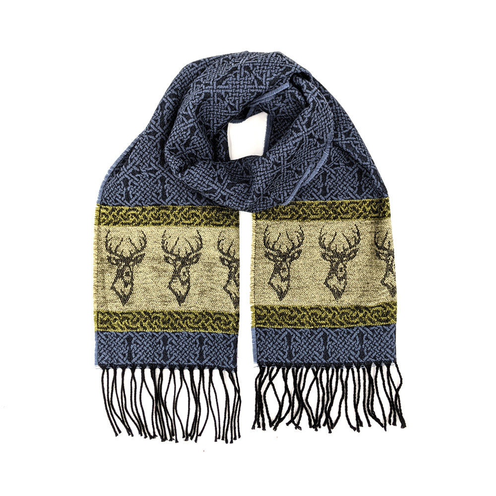 Blue and green tassled scarf with a celtic roundal and stag pattern against a plain white background.