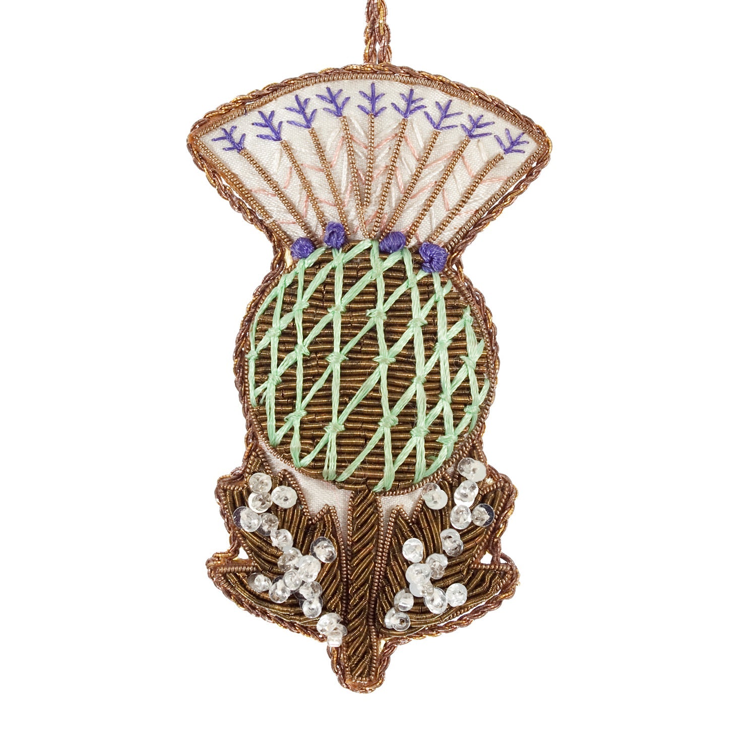 An embroidered hanging decoration of a thistle. The decoration is embroidered in gold, purple and green thread with silver sequins on the thistle's leaves.