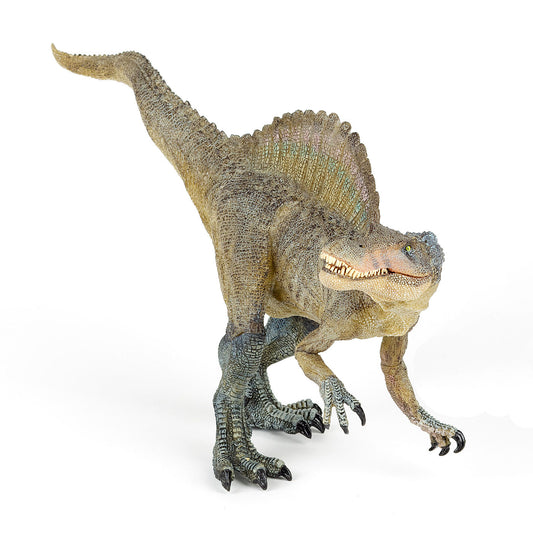 A grey and green spinosaurus with yellow eyes, white teeth, and a large spine running along it's back against a plain white background. The spinosaurus has it's head lowered and turned, with it's tail raised towards the sky.
