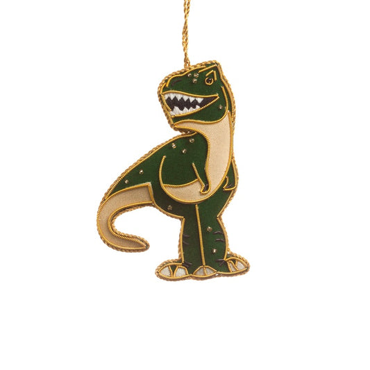 An embroidered t-rex hanging decoration. The decoration is made from a green fabric and embroidered with gold thread.