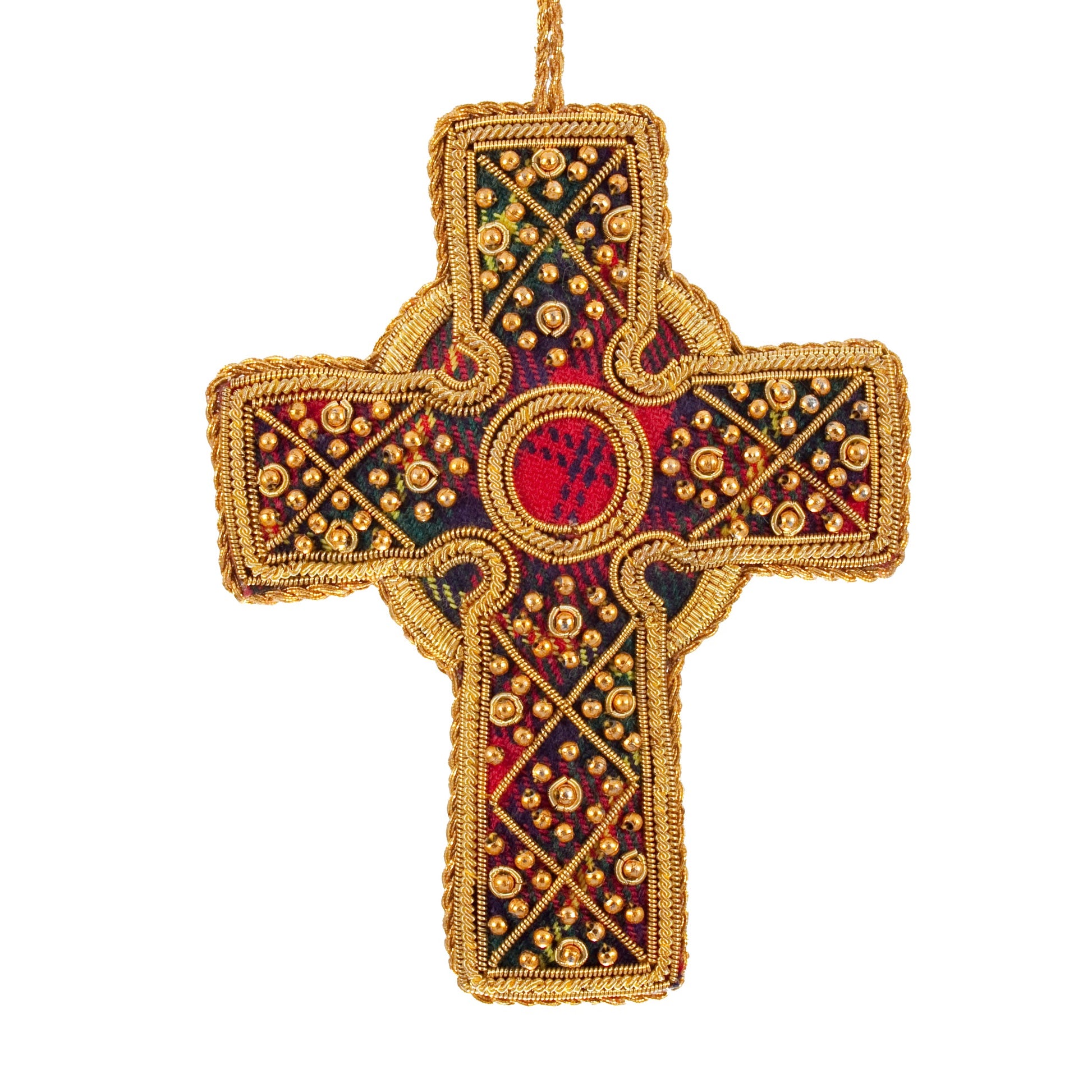 An embroidered hanging decoration of a celtic cross. The decoration is made from a red and blue tartan fabric and is embroidered with gold thread and beads.