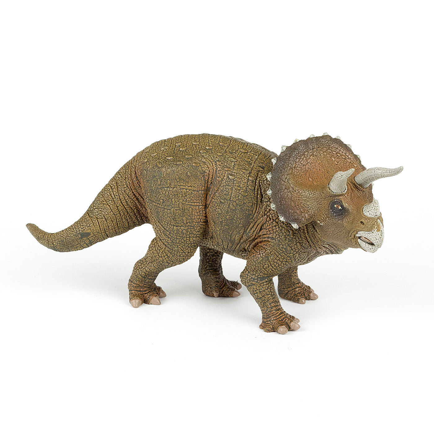 A brown toy triceratops with grey horns against a plain white background. The triceratops is looking towards the right with it's tail flowing behind it.