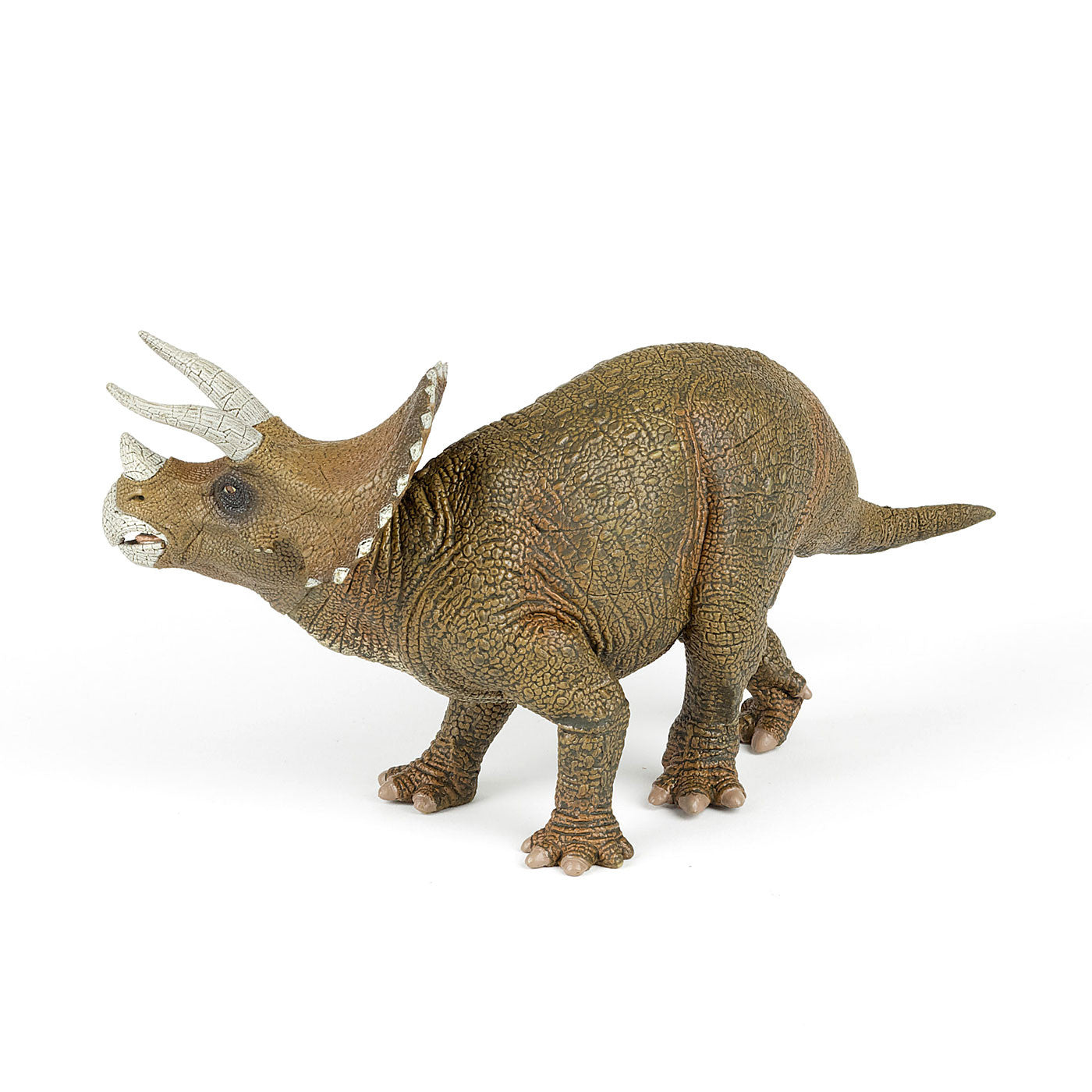 A brown toy triceratops with grey horns against a plain white background. The triceratops is looking towards the left with it's tail flowing behind it.