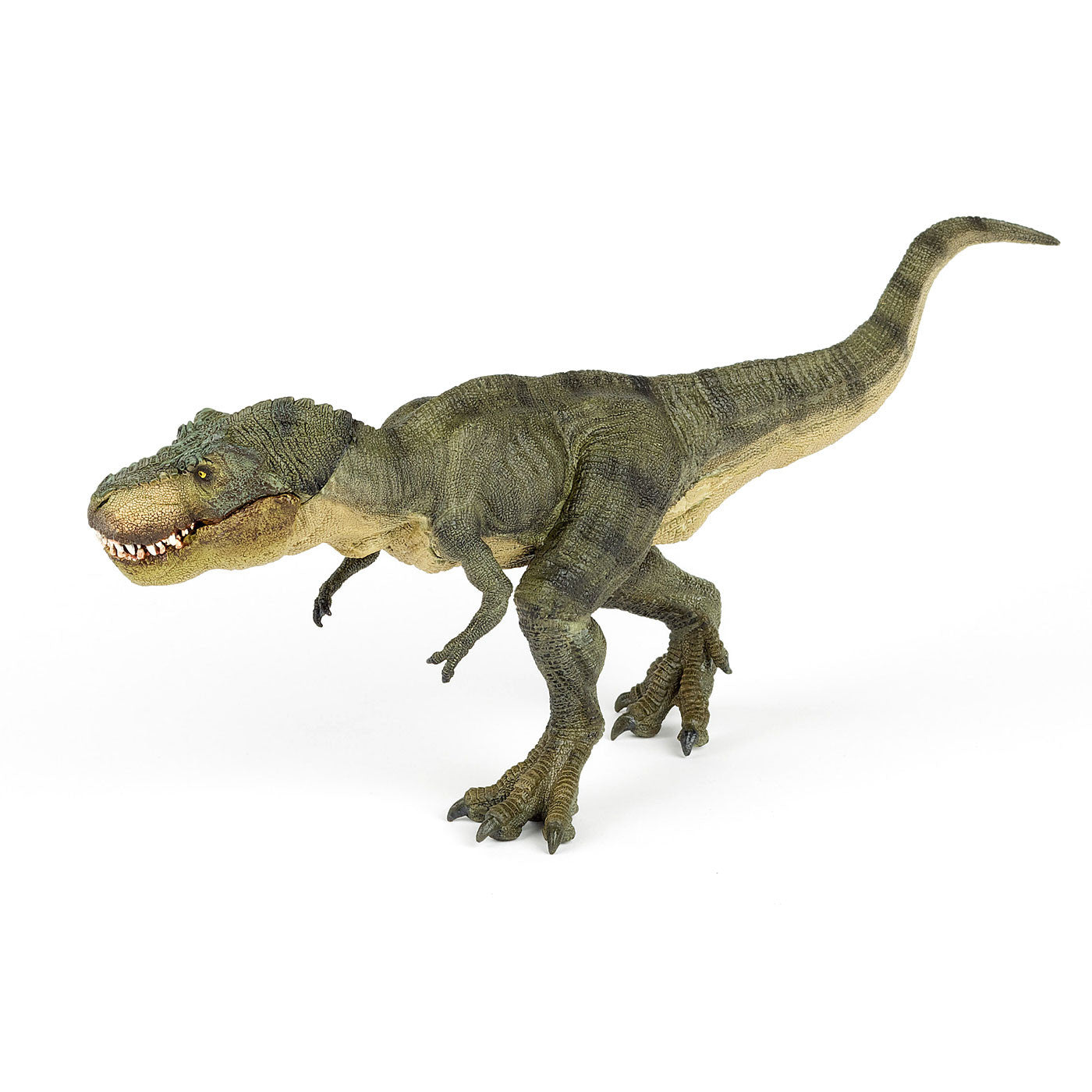 A green toy t-rex with yellow eyes and white teeth against a plain white background. The -rex is walking to the left with it's tail trailing out behind it.