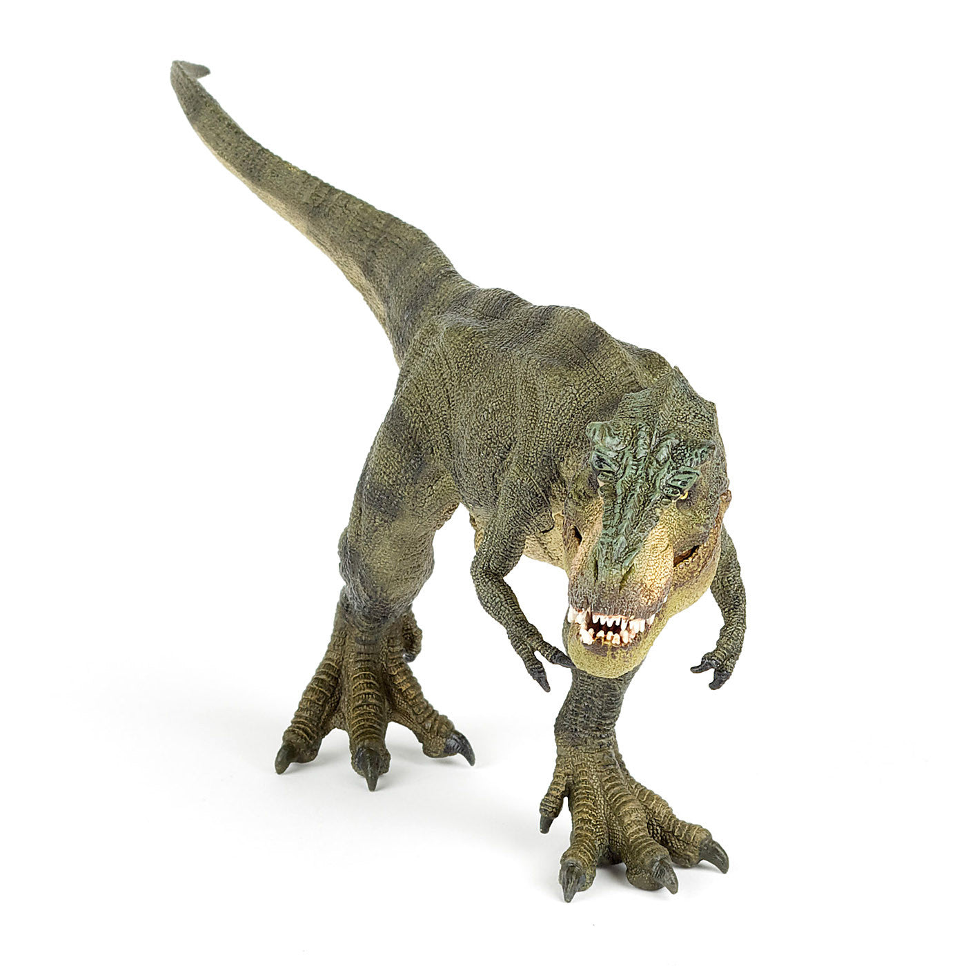 A green toy t-rex with yellow eyes and white teeth against a plain white background. The -rex is walking towards the camera with it's tail trailing out behind it.