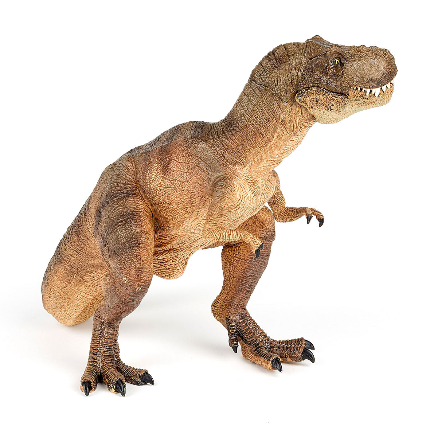 A toy brown t-rex with yellow eyes and white teeth against a plain white background. The t-rex is looking away from the camera with it's tail curling around behind it.