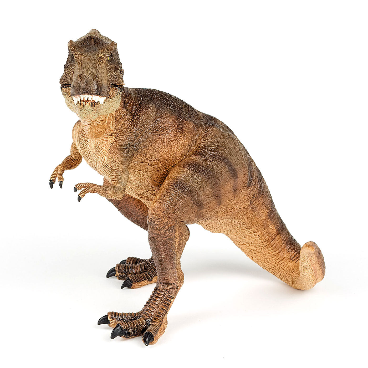 A toy brown t-rex with yellow eyes and white teeth against a plain white background. The t-rex is looking towards the camera with it's tail curling around behind it.