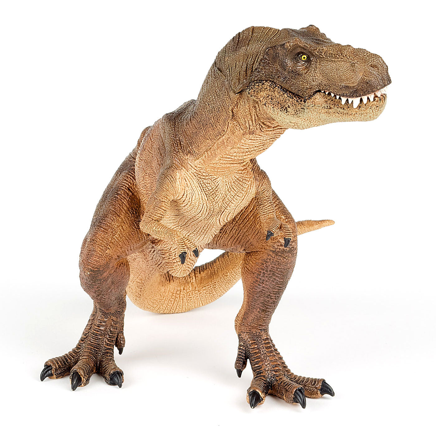 A toy brown t-rex with yellow eyes and white teeth against a plain white background. The t-rex is looking to the right with it's tail curling around behind it.