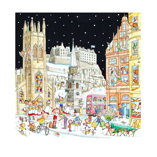 A square Christmas card with an illustration of Edinburgh's west end in the snow. People are seen playing in the snow on the corner at the Caledonian Hotel, and St. Johns church. St. Cuthberts kirk and Edinburgh castle can be seen in the background.