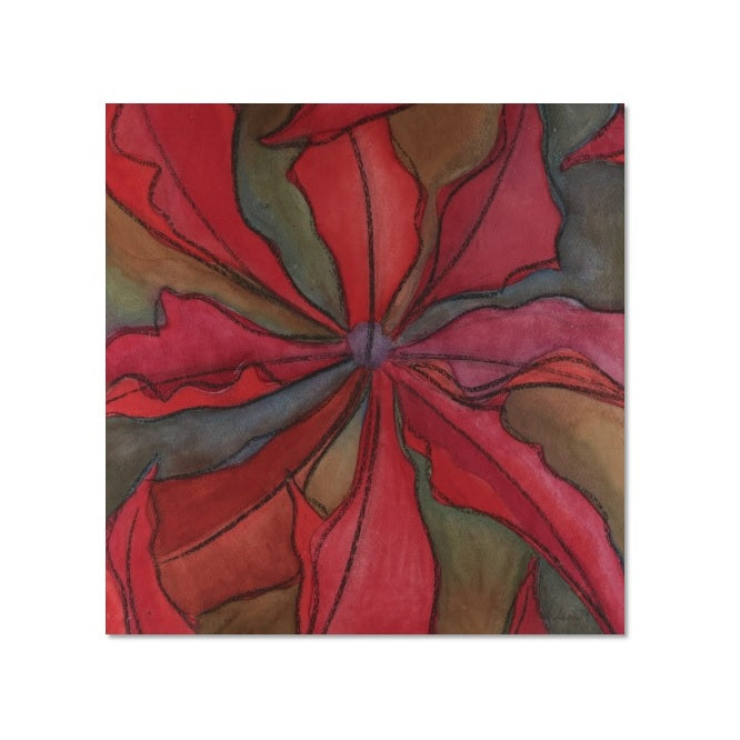 A greetings card with a detail from Bernat Klein's "Lanzarote No. 3" painting. Painted in shades of red, green and purple in watercolour wash, pencil and black chalk. Image is abstracted from photographic reproduction of an Iresine plant