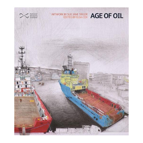 Book cover with a pencil drawing of two oil tankers in port.