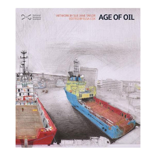 Book cover with a pencil drawing of two oil tankers in port.