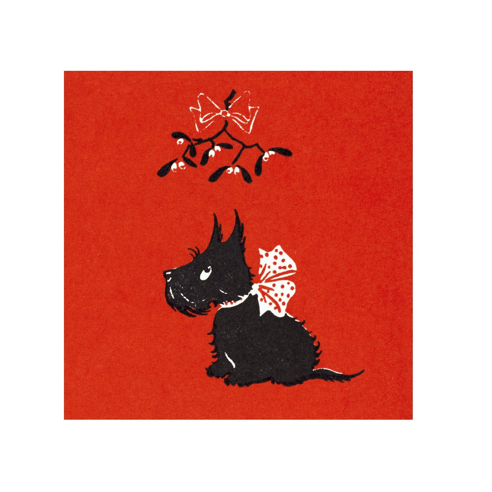 A square Christmas card with a black, red and white lino cut illustration of a small black Scottish terrier with a white and red spotted bow round it's neck sitting underneath a bunch of mistletoe.