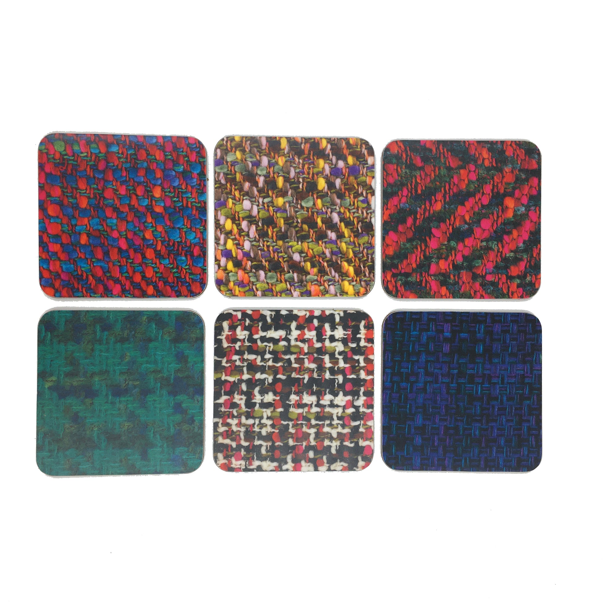 Six coasters with different photographs of Bernat Klein's colourful woven fabrics.
