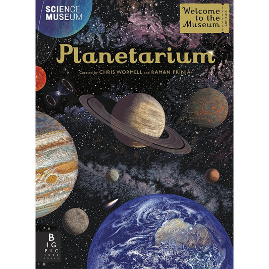 Book cover with an illustration of our solar systems planets in different sizes and positions against a black sky filled with stars and galaxies.
in the centre towards the top of the cover is the word "planetarium" in gold.