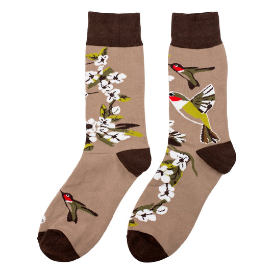 A pair of beige socks with dark brown toes, heel, and cuff. The socks are patterned with hovering hummingbirds and blossoms in red, green and brown.