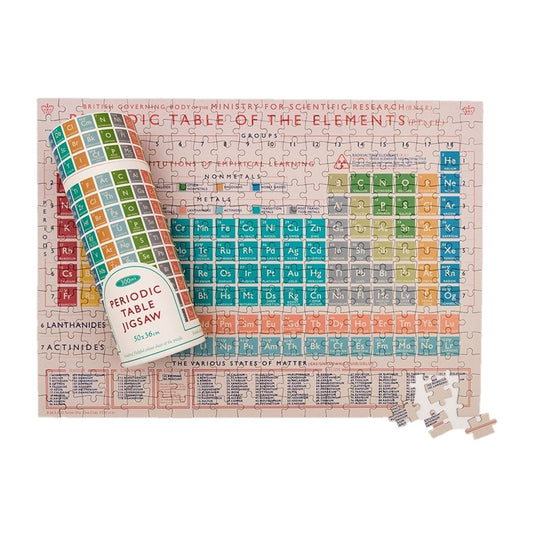 A photograph of a near complete cream jigsaw puzzle with a colourful print of the periodic table. A cardboard storage tube with the same periodic table print sits over the left had side of the puzzle.