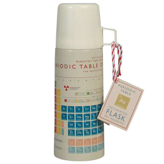 A cream coloured flask with a white cup lid against a plain white background. The flask has a colourful periodic table design printed on it.