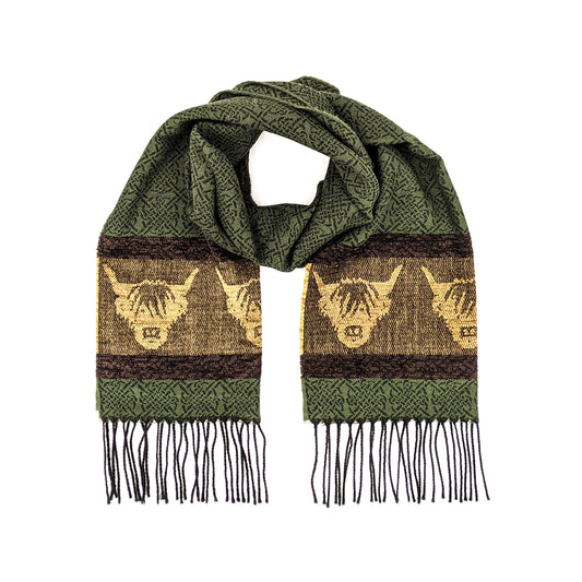 Dark green tassled scarf with a celtic roundal and highland cow pattern against a plain white background.